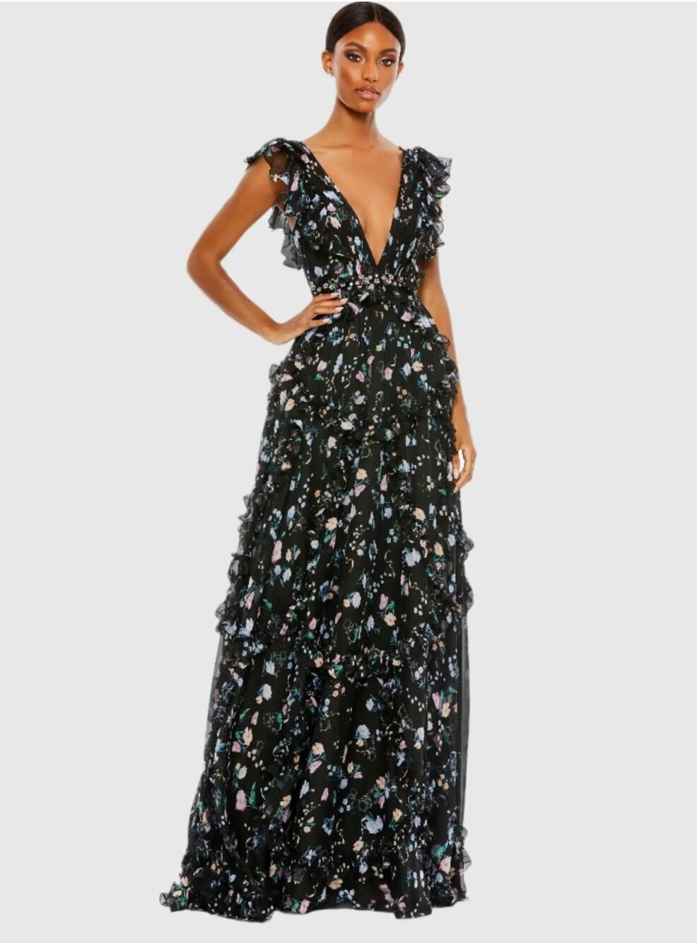 Ieena for Mac DuggalFloral Ruffle V-Neck Gown Dress Size US 4